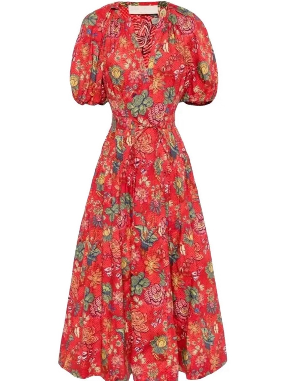Red Floral Puff Sleeve Midi Dress